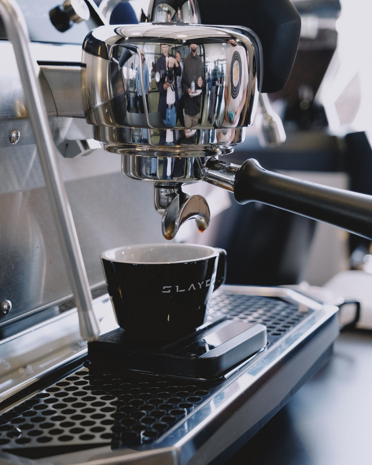 Espresso extracting on the Slayer Steam Single