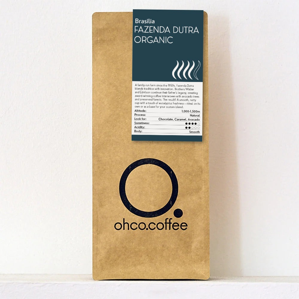 Bag of OHCO Coffee Brasilia Fazenda Dutra Organic, organic Brazilian speciality coffee, hand-roasted in Hampshire