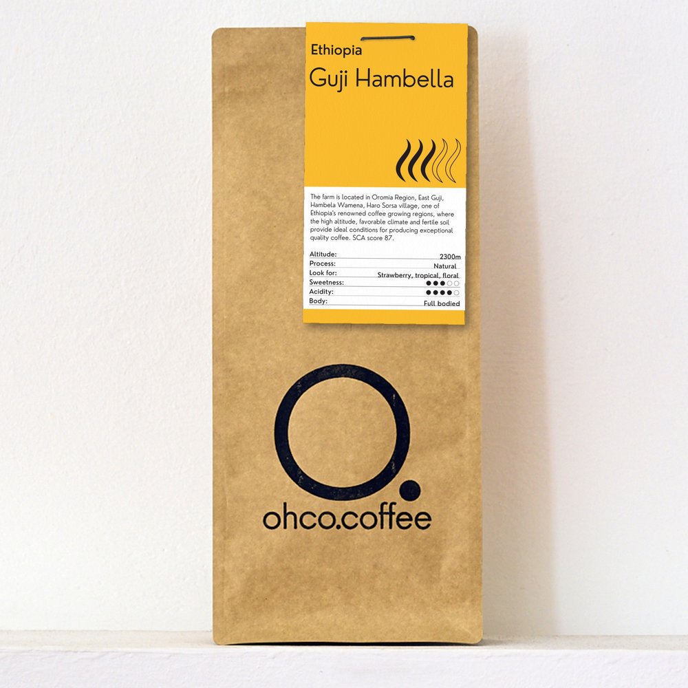 Bag of OHCO Coffee Ethiopia Guji Hambella, natural-process Ethiopian speciality coffee, hand-roasted in Hampshire