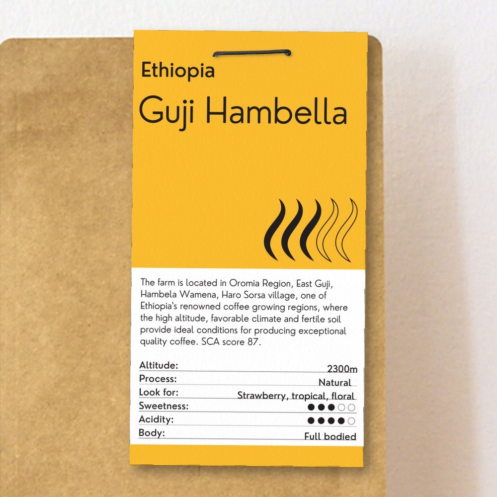 Close-up of the OHCO Coffee Ethiopia Guji Hambella label with origin, process and tasting notes
