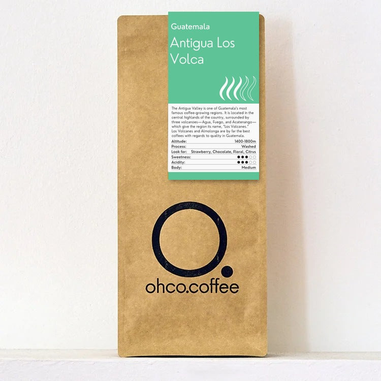 Bag of OHCO Coffee Guatemala Antigua Los Volcanes, washed speciality coffee, hand-roasted in Hampshire